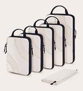 Set of five identical cylindrical batteries or cells connected in series with thin red wires, arranged in a row against light background.