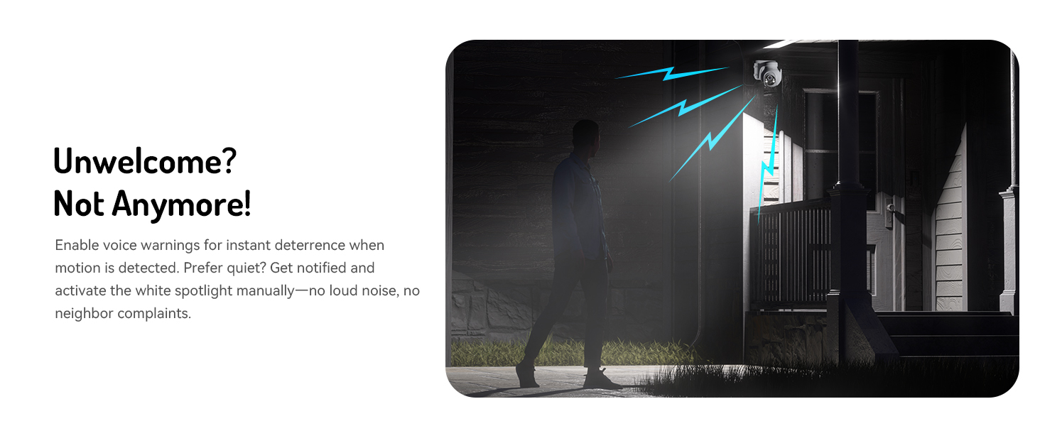 Text reads: 'Unwelcome? Not Anymore!' Night scene showing security camera or sensor device mounted on exterior wall with blue light indicator.