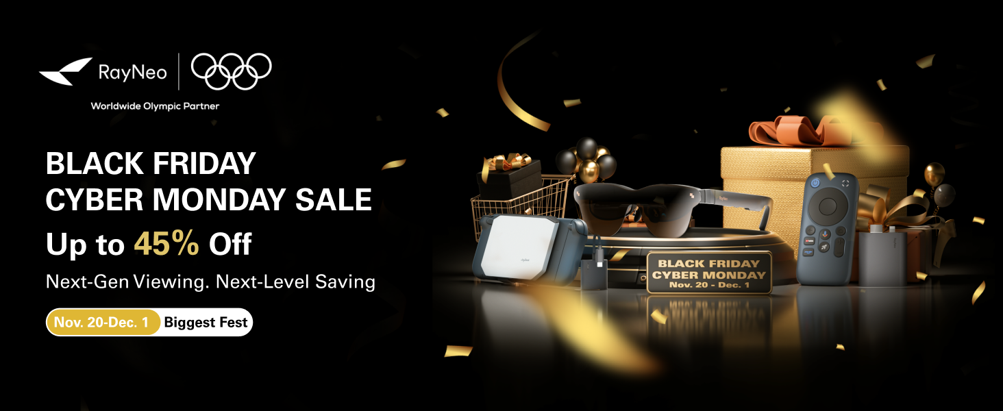 Text reads 'BLACK FRIDAY CYBER MONDAY SALE' and 'Up to 45% Off'. Dark promotional banner with gold sparkle effects.