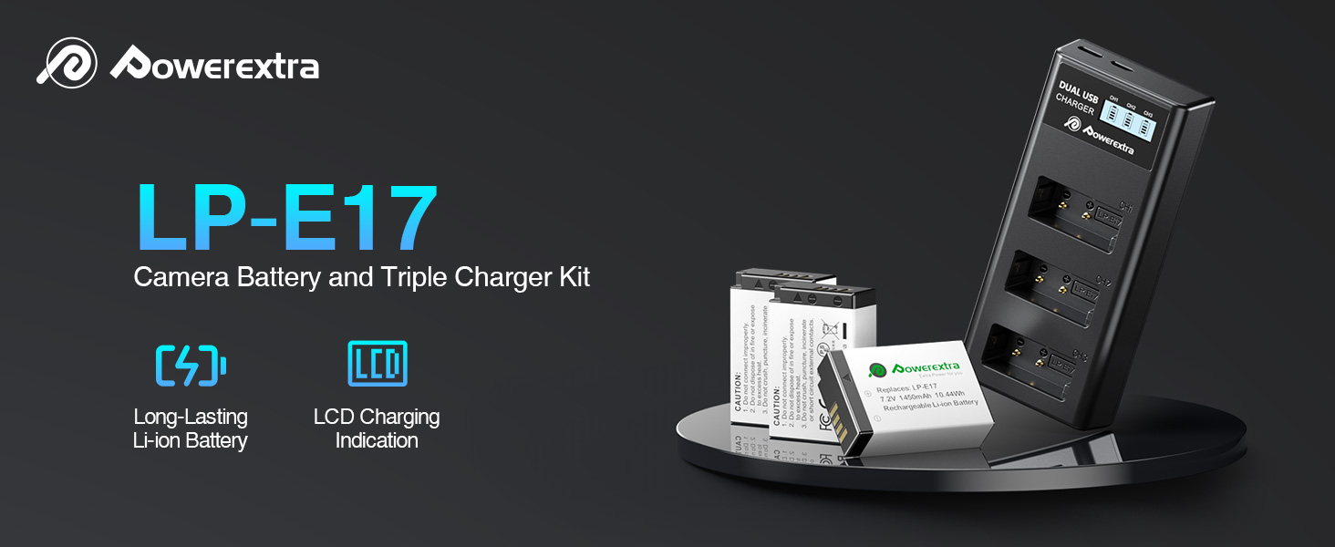 Text shows 'LP-E17' and 'Powerextra' brand logo. Product appears to be a camera battery and charger kit with black and silver components.