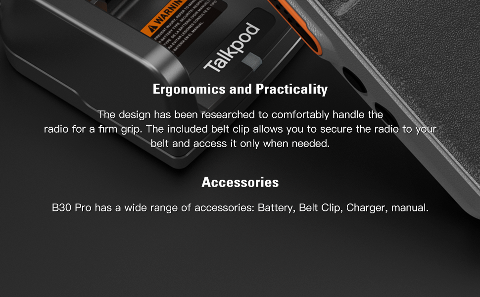 Text reads 'Ergonomics and Practicality' and 'Accessories'. Marketing slide showing product features with text about comfortable handling and included accessories.