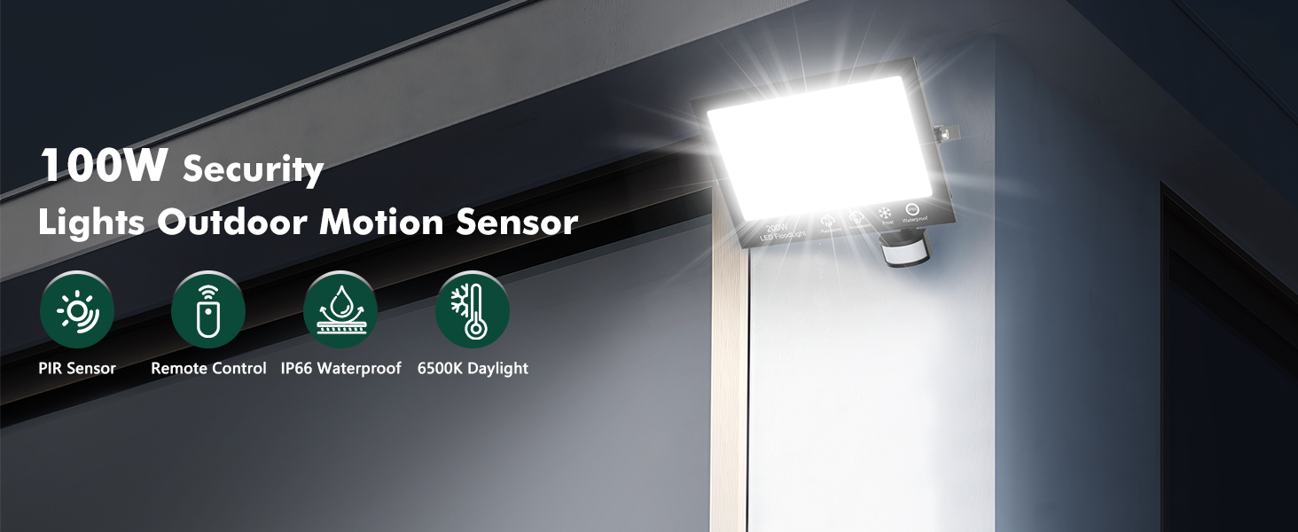100W outdoor security light with motion sensor mounted on wall, featuring bright white illumination and multiple function indicators.