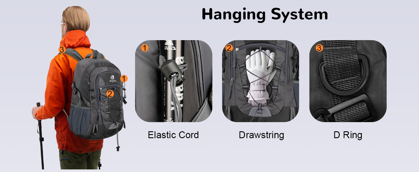 Text reads: 'Hanging System' with four panel illustrations showing 'Back Cord', 'Standing', 'D-Ring'. Technical diagram showing backpack attachment methods in grayscale.