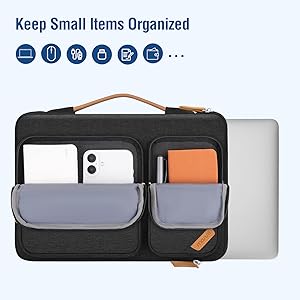 Multiple product images showing a laptop sleeve or case in dark gray/black with orange accents. Displays sleeve from different angles with laptop insertion demonstration.