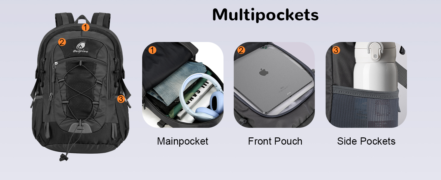 Text reads 'Multipockets'. Product image showing a black backpack with multiple compartments and pockets, displayed from different angles highlighting front pouch and side pockets.