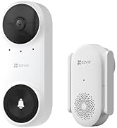 White EZVIZ video doorbell with camera and button, accompanied by a separate white speaker unit with perforated front. Both devices feature the EZVIZ logo.