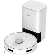 White circular robot vacuum cleaner with silver accents and raised navigation module, shown alongside smartphone displaying control app interface.