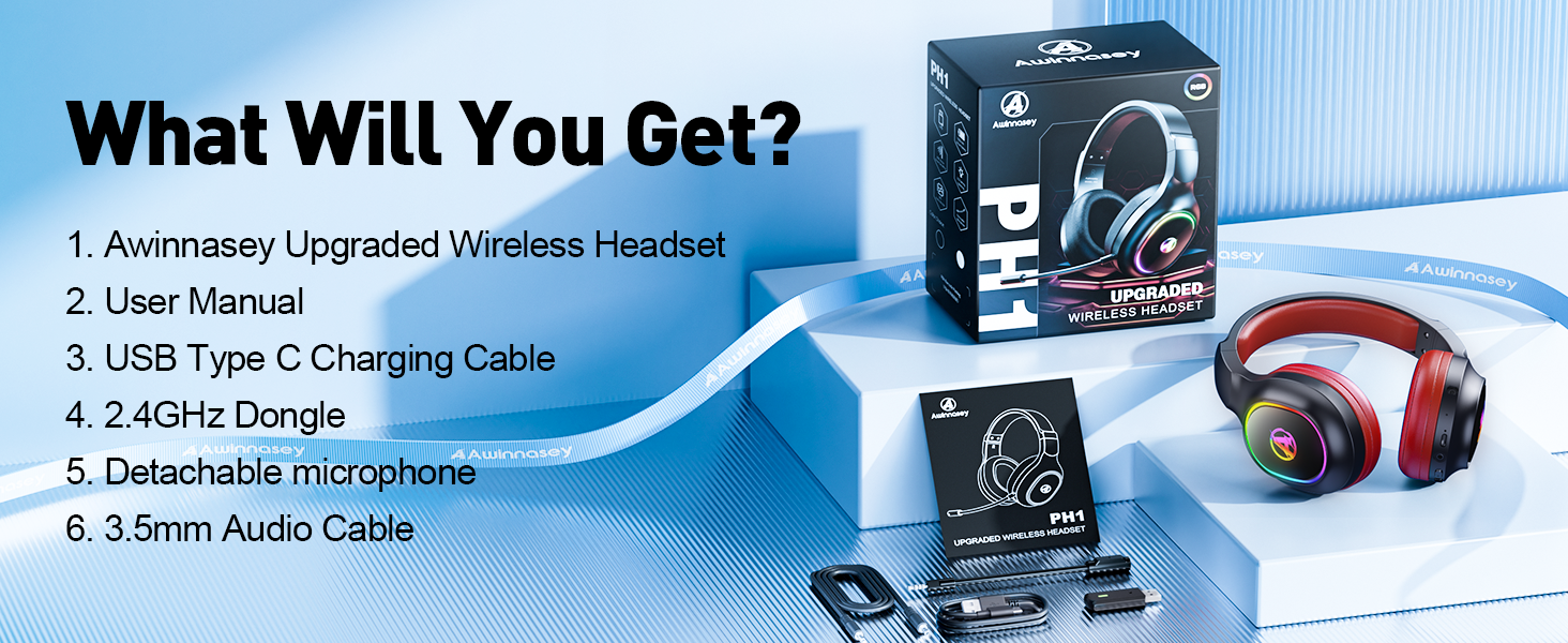 Wireless headset package with included accessories: USB Type C charging cable, 2.4GHz dongle, detachable microphone, and 3.5mm audio cable.