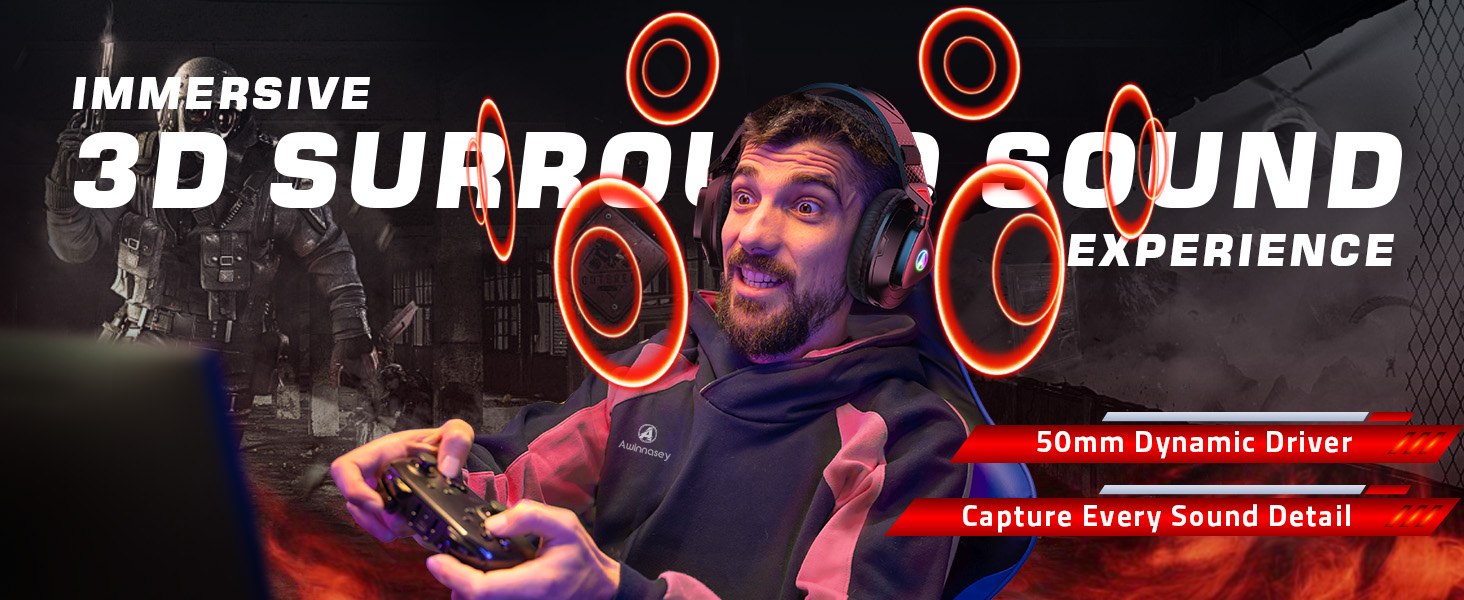 Gaming headset advertisement featuring text '3D SURROUND SOUND EXPERIENCE' with red circular icons. Includes '50mm Dynamic Driver' and 'Capture Every Sound Detail' specifications.