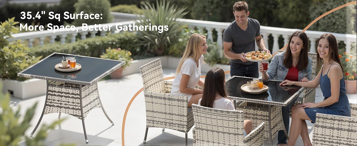 Text reads 'Weather-Resistant & Adapts to All Seasons'. Collage showing outdoor furniture covers protecting patio furniture in different weather conditions.