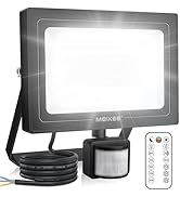 LED floodlight with remote control unit, showing mounting bracket and installation hardware laid out.