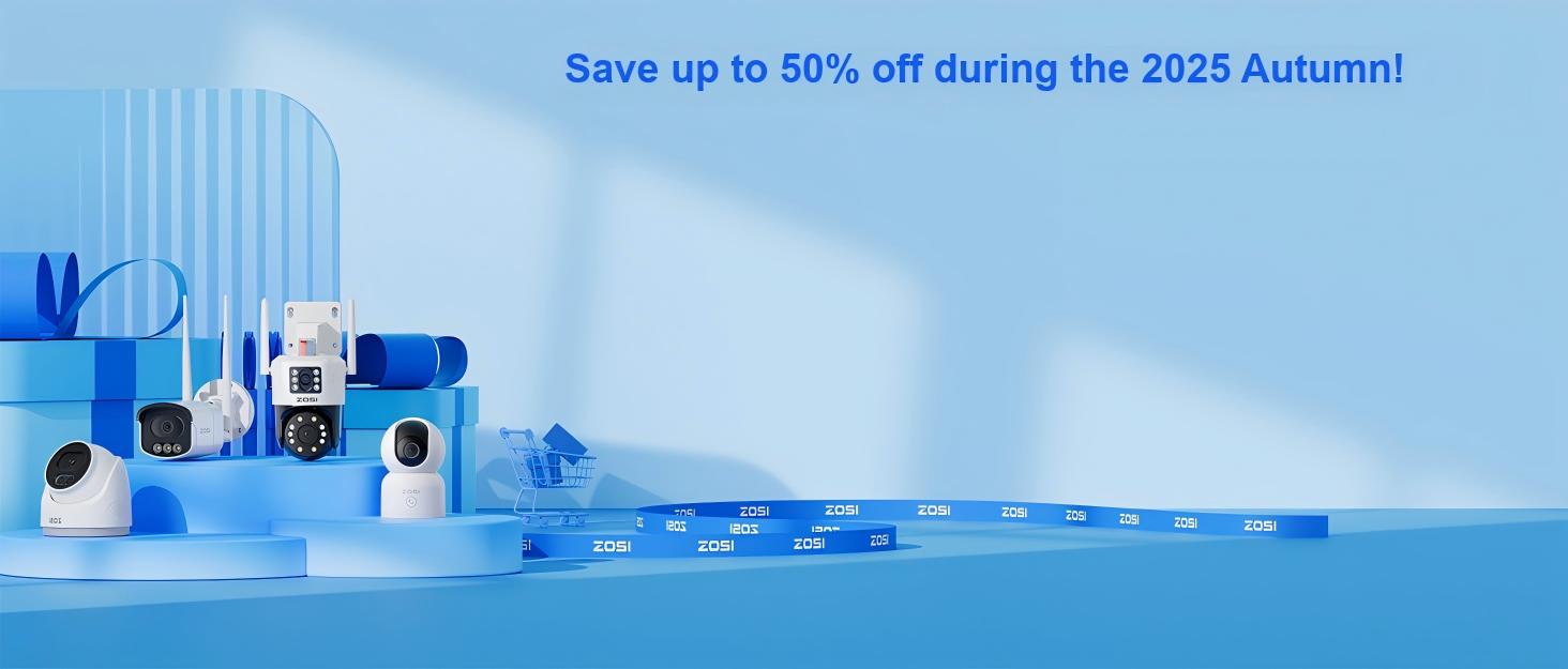 Text reads 'Save up to 50% off during the 2025 Autumn!' Repeated display of white security cameras on blue background from different angle.