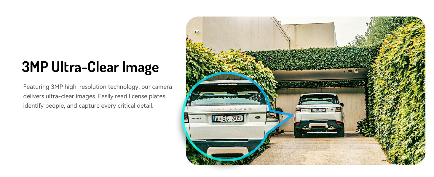 Text reads '3MP Ultra-Clear Image'. Wide-angle security camera view of a residential driveway and garage entrance in daylight.