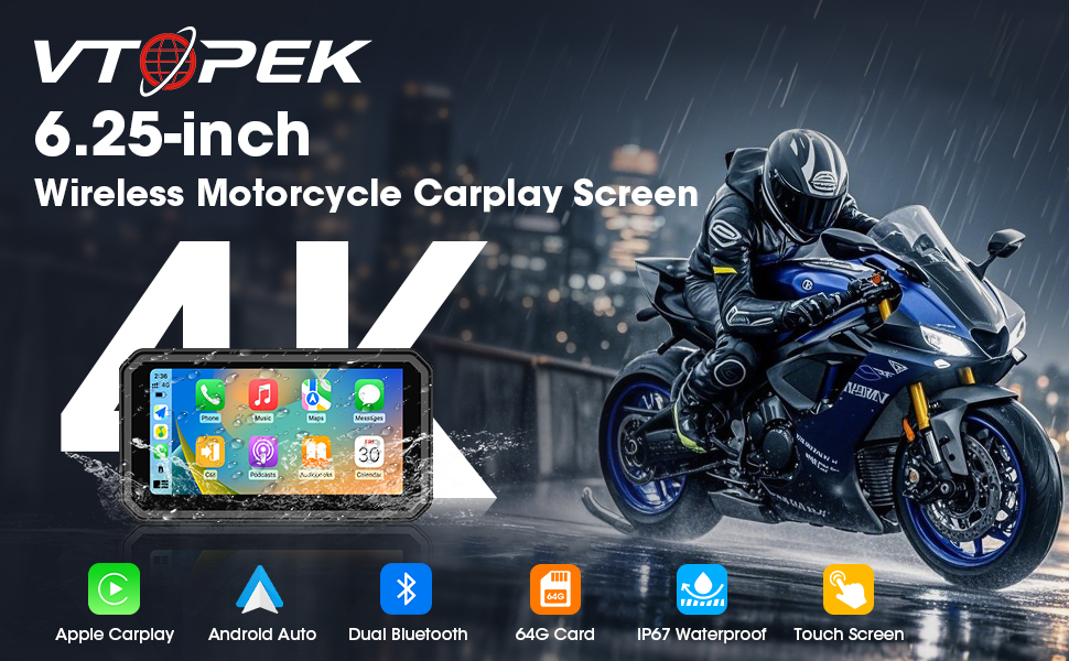 Text reads 'VTOPEK 6.25-inch Wireless Motorcycle CarPlay Screen'. Advertisement showing motorcycle display interface with app icons including WhatsApp, weather, music, and navigation on blue motorcycle background.