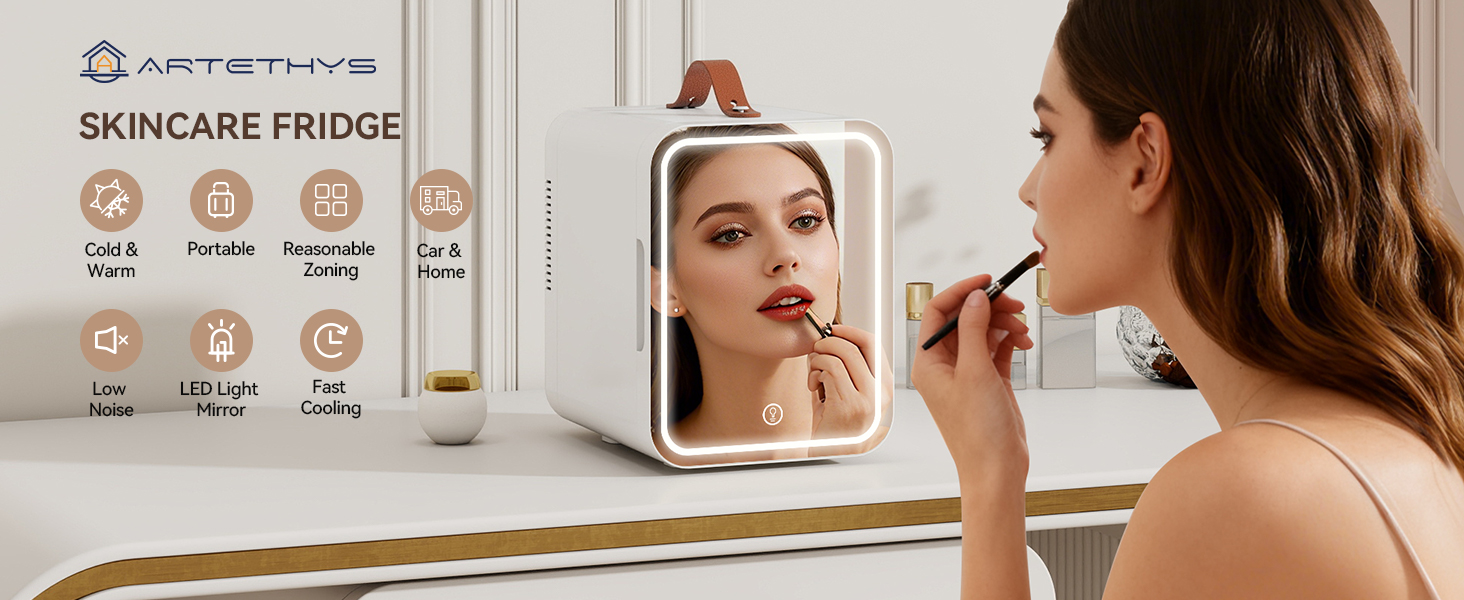 Text reads 'SKINCARE FRIDGE'. Beauty vanity setup showing illuminated mirror with person applying makeup.