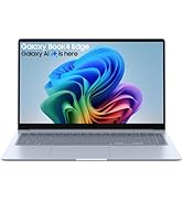 Text reads 'Galaxy AI is here'. Samsung laptop with gradient rainbow-colored display screen showing flowing abstract design elements.