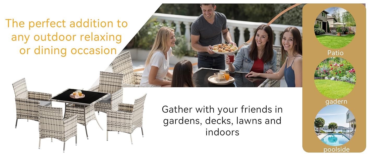 Text reads 'The perfect addition to any outdoor relaxing or dining occasion'. Multiple images showing outdoor furniture arrangements with people gathering and dining.