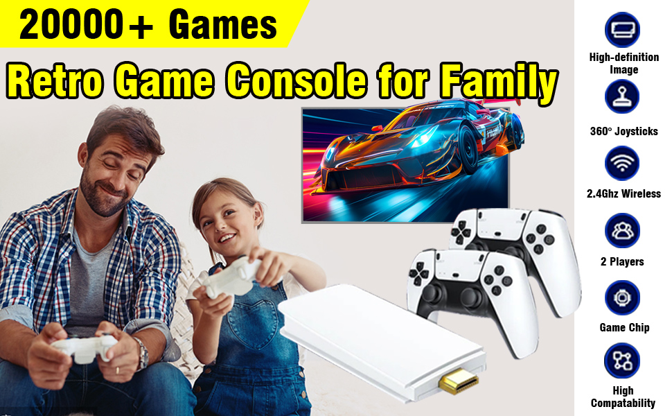 White retro game console with dual wireless controllers, advertising 20000+ games, featuring high graphics, WiFi connectivity, and game chip compatibility icons.
