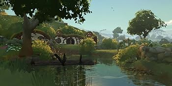 Animated game or app interface showing colorful garden scene with flowers, trees, and fantasy elements in vibrant colors.