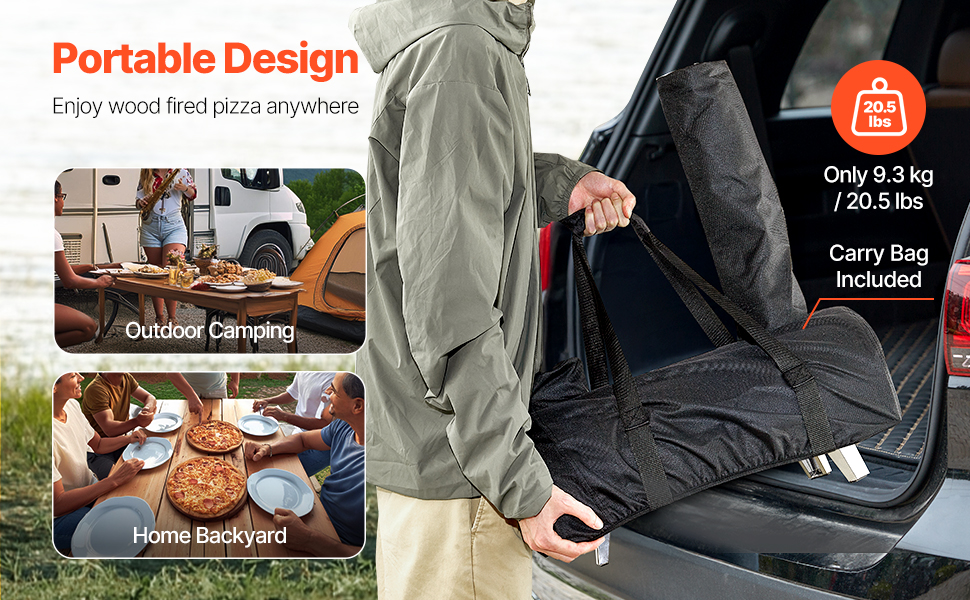 Text reads: '90 Seconds Fast Baking, Built-in Thermometer'. Outdoor pizza oven setup with temperature gauge and cooking demonstration images.