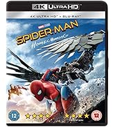 Text reads '4K ULTRA HD + BLU-RAY' and 'SPIDER-MAN: FAR FROM HOME' on movie packaging. Home video release case showing movie title and format specifications.