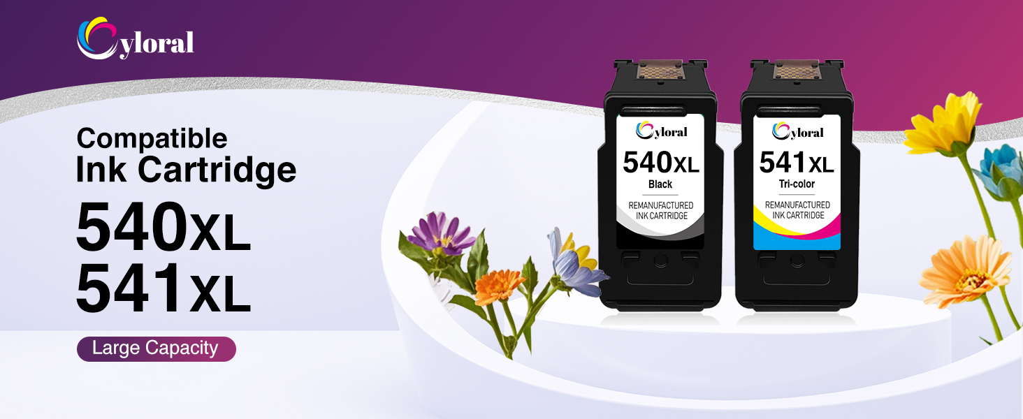 Text includes '540XL', '541XL'. Printer ink cartridges shown individually and in packaging, with floral decorative elements in background.