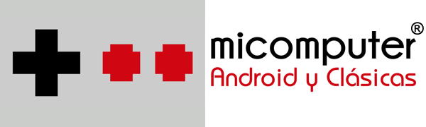Text reads 'micomputer Android y Clásicas'. Logo shows black and red plus symbols against grey background with brand name and tagline.