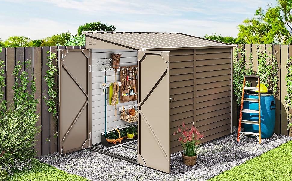 Outdoor storage shed with double doors shown open, displaying garden tools and equipment inside. Beige colored structure with organized storage space.