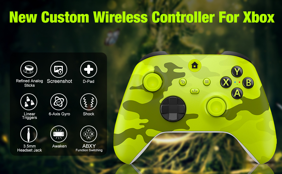 Bright green camouflage Xbox controller with standard button layout. Features include headset jack, trigger locks, and shock absorption. Icons display additional functions like turbo and macro settings.
