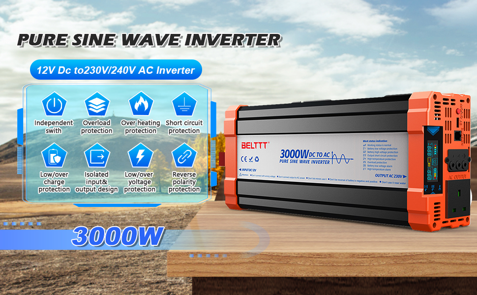 Text reads 'PURE SINE WAVE INVERTER' and '3000W'. Multiple views of orange and white power inverter unit with technical specifications and product details shown on packaging.