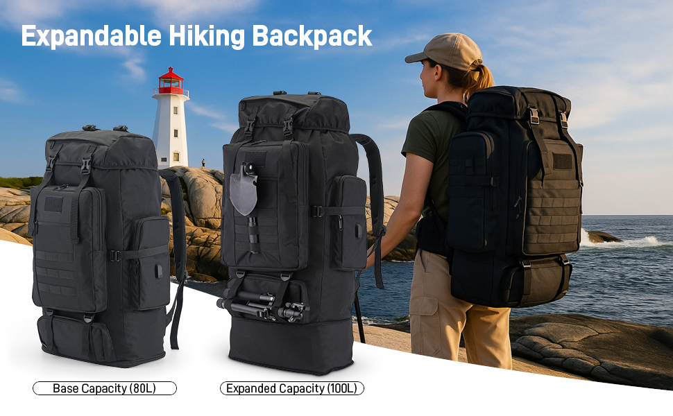 Text reads 'Expandable Hiking Backpack'. Multiple views of a black tactical-style backpack shown being worn outdoors and displayed empty, featuring multiple compartments and adjustable straps.