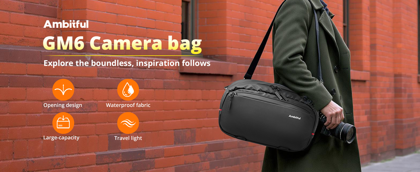 Text reads 'Ambaffal GM6 Camera bag'. Marketing banner showing black camera bag with icons indicating shock-proof, water-resistant, and other protective features against brick wall background.