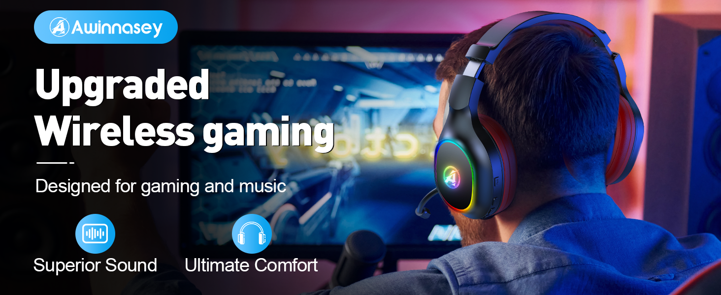 Gaming headset advertisement showcasing wireless functionality, superior sound, and ultimate comfort. Features a person wearing blue-lit headphones in a dimly lit room.