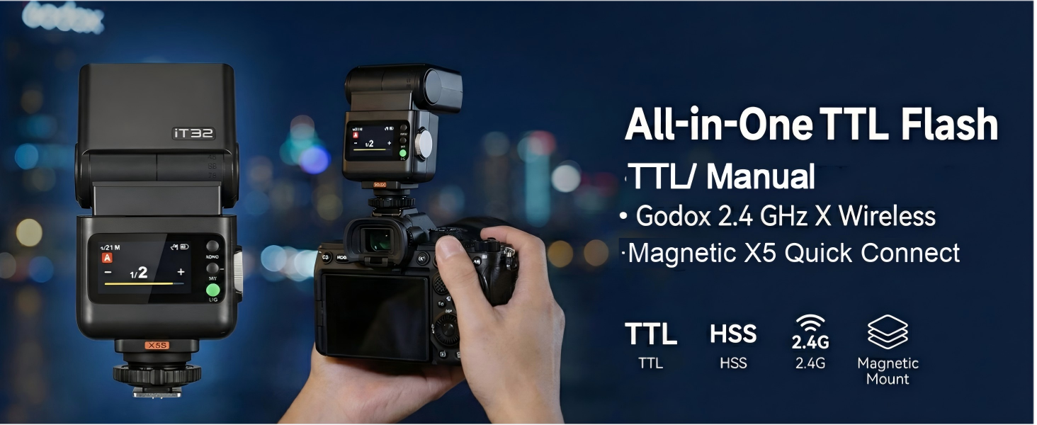 Text reads 'All-in-One TTL Flash TTL/Manual, Godox 2.4 GHz X Wireless, Magnetic Quick Connect.' Camera flash unit mounted on camera with blue glow effect in background.