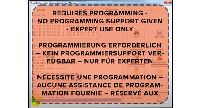 Text reads 'MKS Steering Lock Emulator - ESL ELV for'. Technical specification or product documentation interface showing multiple text fields and settings.
