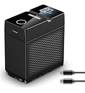 Multiple views of a black dual battery charger device with charging indicator lights and electrical connections.