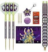 Professional dartboard setup showing 'NUKE' branding, with cabinet doors open and multiple darts displayed. Electronic scoring system visible.