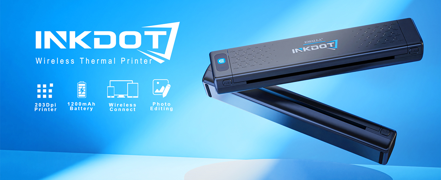 Text reads 'INKDOT'. Blue-toned product advertisement showing what appears to be a printer or technical device with sleek design against blue background.