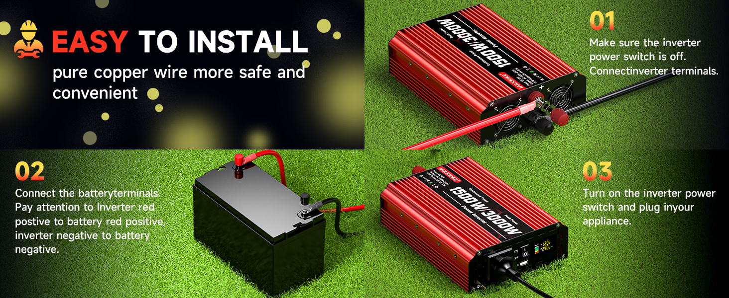 Text reads 'EASY TO INSTALL'. Product installation guide showing green background with black instruction panels and red product components.