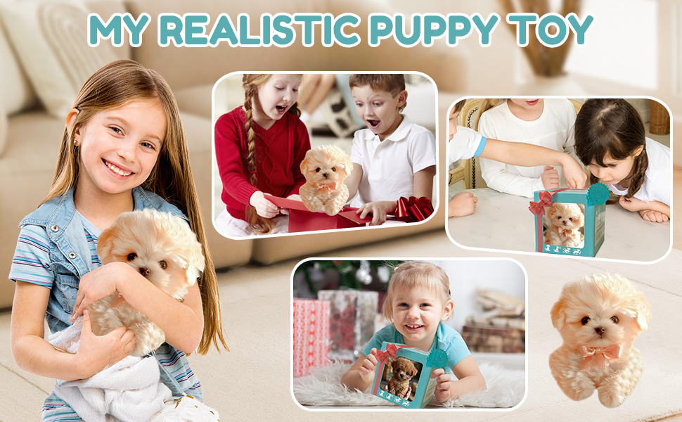 Text reads 'MY REALISTIC PUPPY TOY'. Collage showing plush toy puppy being held and played with by children in various indoor settings.