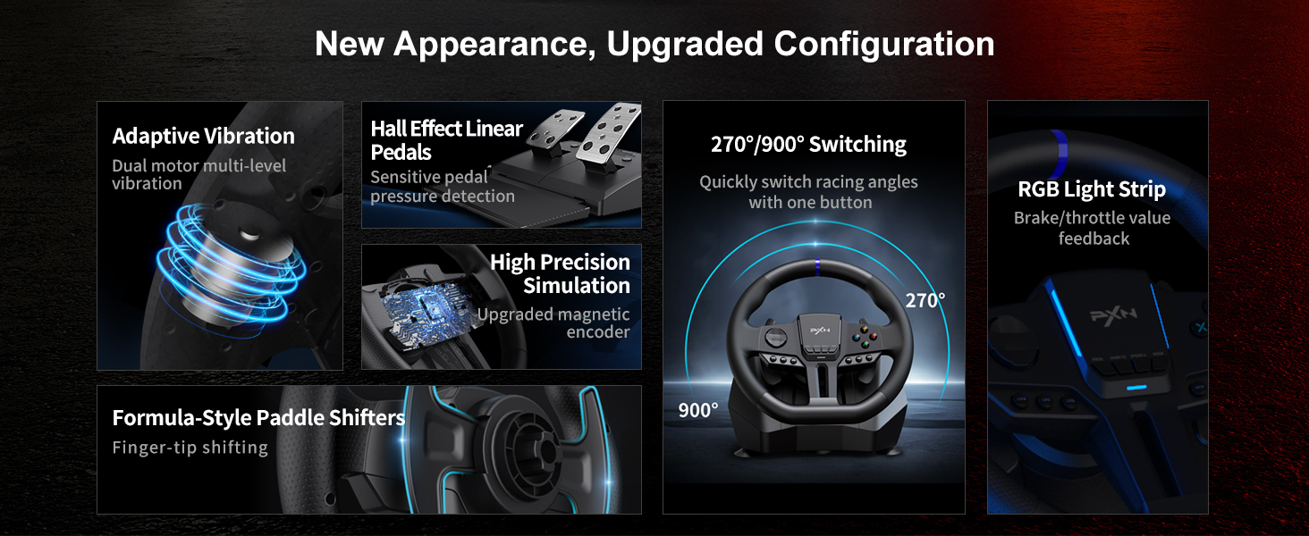 Gaming controller features: adaptive vibration, paddle shifters, high-precision simulation, 270°/900° switching, and RGB light strip. Showcases internal components and external design elements.