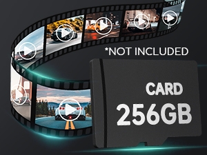 Text reads 'NOT INCLUDED' and 'CARD 256GB'. Curved black memory card with filmstrip-style images along the edge showing camera-related content.