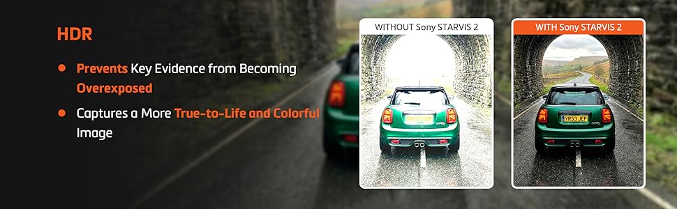 Text reads 'Superior Low-Light Performance'. Technical comparison showing night vision camera capabilities with before/after image samples in dark conditions.