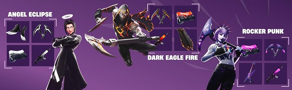 Text reads 'DARKFIRE BUNDLE' and 'INCLUDING 3 OUTFITS (WITH LOGOS STYLES)'. Gaming or animation promotional banner in purple featuring stylized character designs.