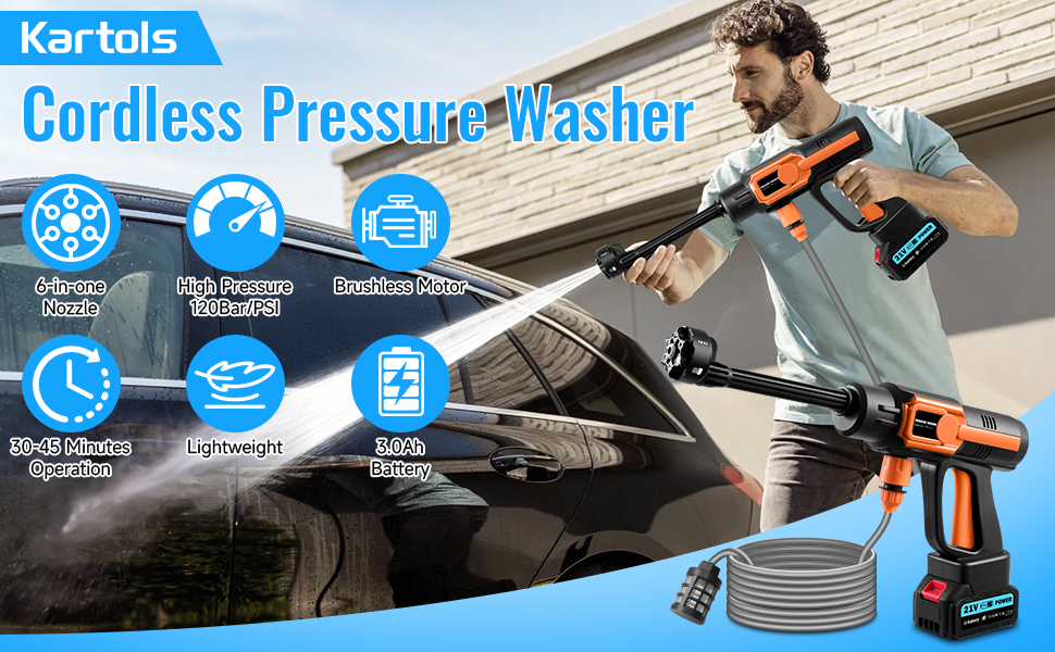 Cordless pressure washer in use, cleaning a car. Includes gun-style sprayer, hose, and battery pack. Features high pressure, cordless design, and 15-20 minute operation time.