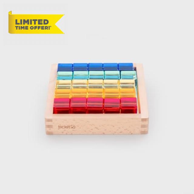 ickit Translucent Gem Cubes with Mirror Tray – Acrylic Colour Cubes in FSC® Wooden Tray – Sensory Light