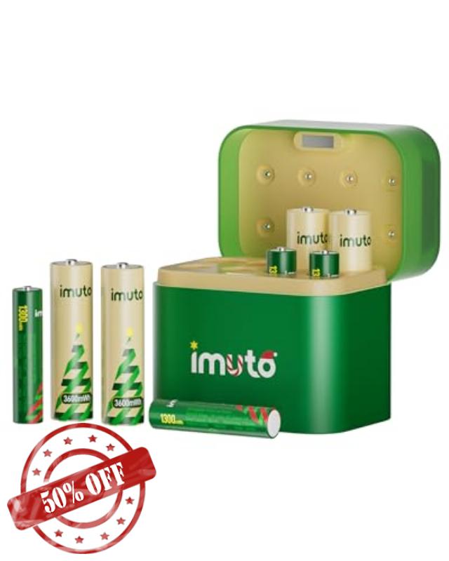 imuto Rechargeable Batteries 4 AA and 4 AAA Lithium with Hybrid Charger