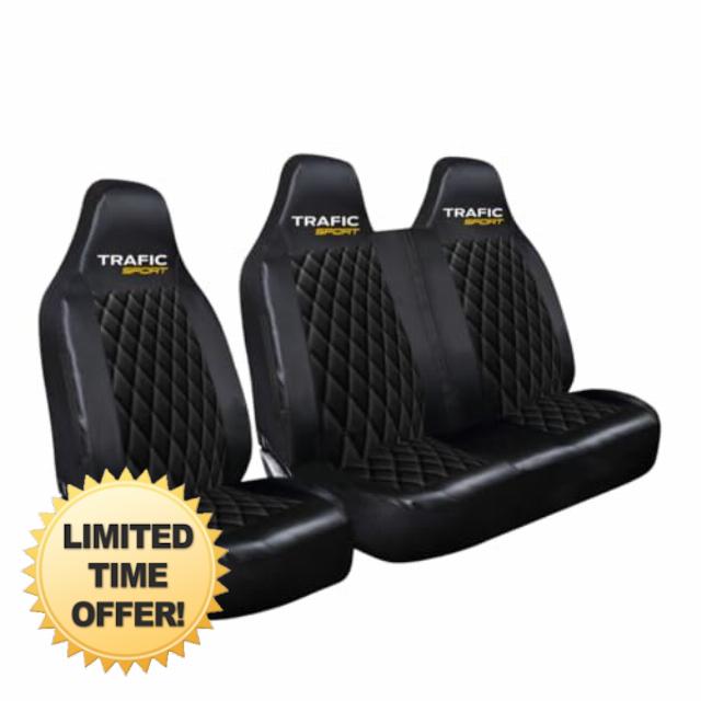 FITS RENAULT TRAFIC SPORT - PREMIUM QUILTED BLACK LEATHER FRONT DRIVER & PASSENGER SEAT COVERS SET HEAVY DUTY WATERPROOF SEAT PROTECTORS 2+1 SINGLE + DOUBLE 956