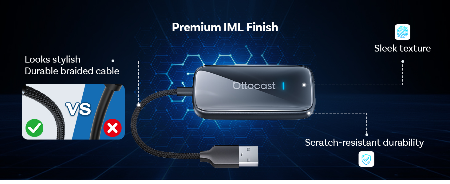 Text reads 'Premium IML Finish', 'Sleek lust lure', 'Scratch-resistant durability'. Product diagram showing Ottocast device with durable braided cable and technical specifications against blue hexagonal background.
