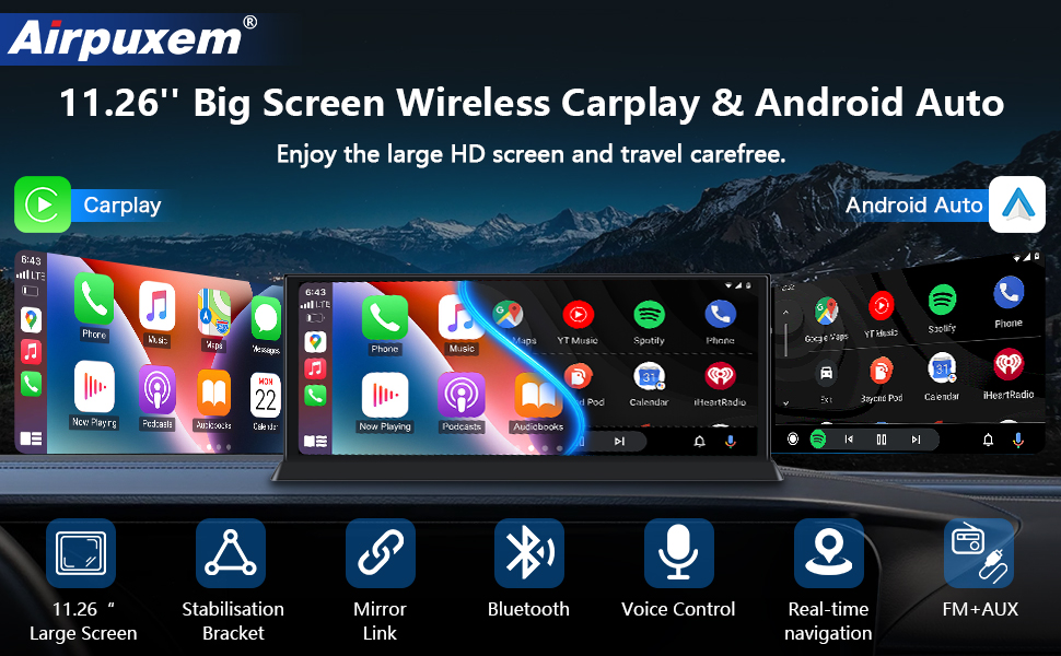 Text reads 'Airpuxem' followed by 'Big Screen Wireless Carplay & Android Auto'. Interface showing various app icons including navigation, phone, music, and settings options.